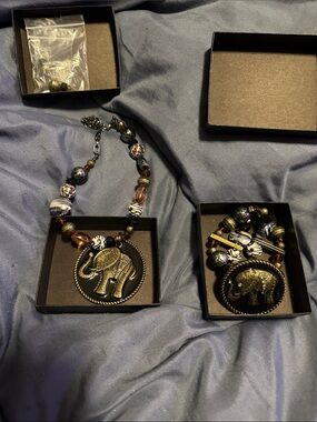 Elephant Pendant Necklace, Earrings and Bracelet Set - Black, Gold, Brown Beaded